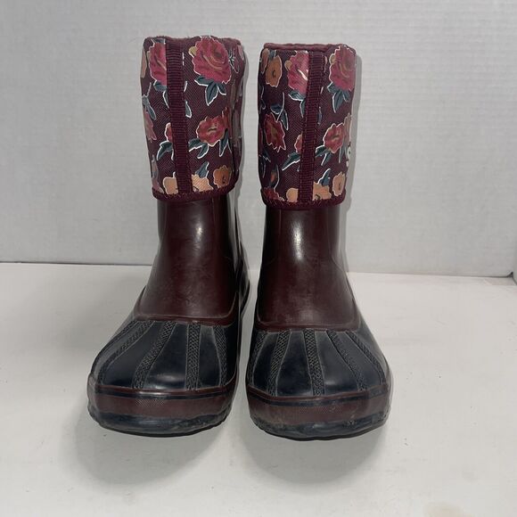 Sorel Maroon Floral Waterproof Slip-On Snow Boots Size 3 Fleece Lined - Picture 6 of 9